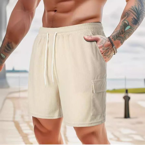 Men's Clothing New Summer Solid Color Lace-Up Sports Pants Corduroy Simple Five-Point Shorts Men's Multi-Pocket Shorts Casual Pants-image