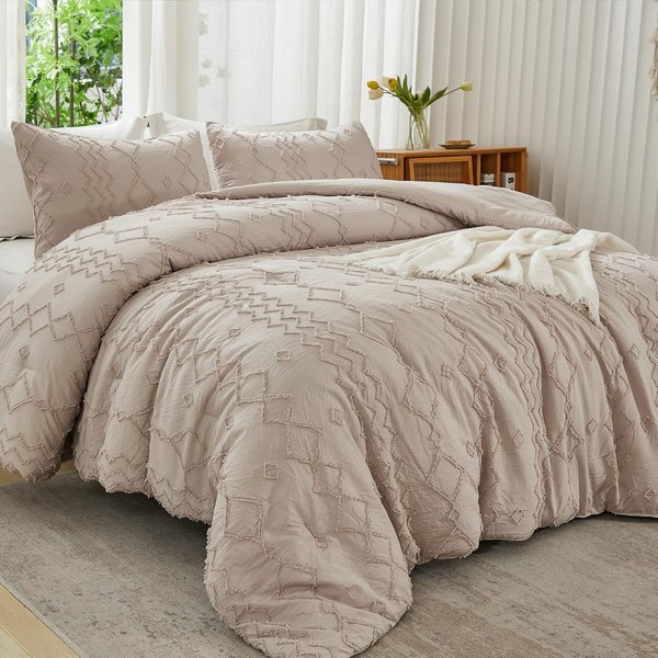 Light Khaki Diamond Wave Embroidery Tufts Breathable Queen Size Comforter Sets, All-Season Down-Alternative 3-Piece Bedding Set-image
