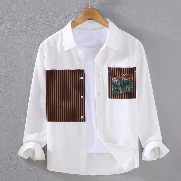 Men's Casual Contrasting Color Pure Cotton Long Sleeved Shirt, Men's Spring And Autumn Loose And Handsome Versatile Trendy Workwear Shirt-image