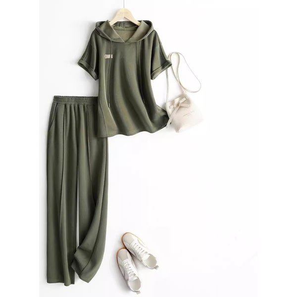 Women's Clothing Hooded Sweatshirt Short Sleeved Pants Two Piece Suit-image