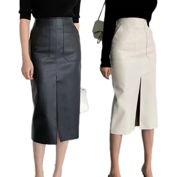 "Women's Slim Fit Leather A-Line Skirt With High Slit, Autumn Fashion Staple, European & American Style, Versatile For Casual & Office Wear"-image