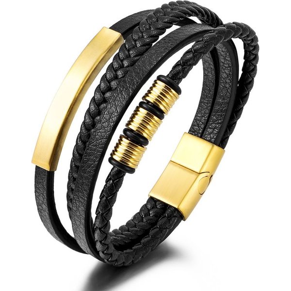Stainless Steel Multi-Layer Black Leather Woven Bracelet, Popular Men's Bracelet-image