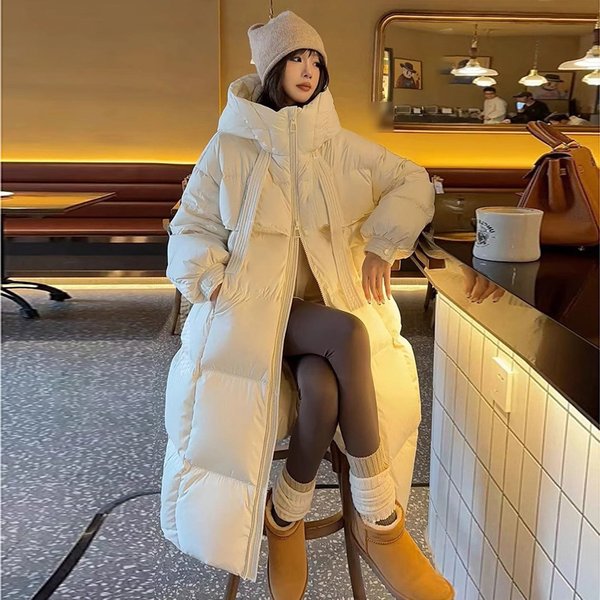 Women's Long Padded Down Coat With Hood, Oversized Winter Jacket, Warm Thick Polyester Parka For Cold Weather (White, Black, Brown, Khaki)-image