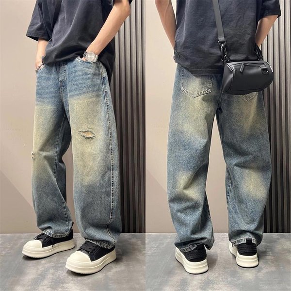 Men's Vintage Washed Distressed Denim Jeans – Relaxed Straight-Leg Baggy Pants With Ripped Details (Blue, M-Xxxl)