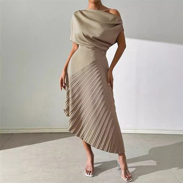 Women’s Clothing Summer new elegant oblique shoulder one shoulder neck pleated hip wrapped design irregular dress for women