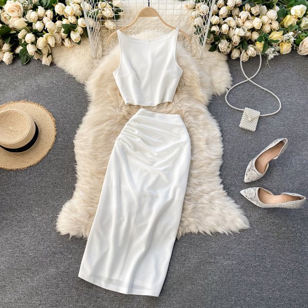 Women's Clothing Lady Internet Celebrity Suit Solid Color Round Neck Vest Short Top High Waist Hip Wrapped Mid Length Skirt Two Piece Suit-image