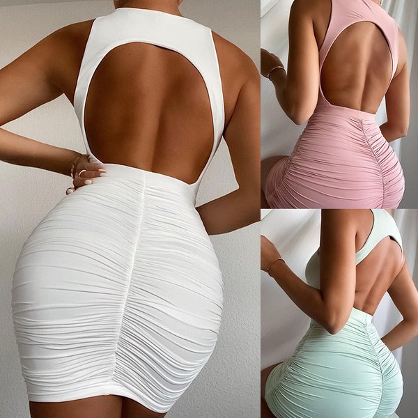 Women's Fashion Sleeveless Hollow Open Back Pleated Dress