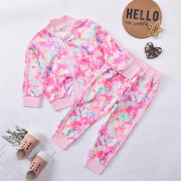 Mother&Kids Girls' pink tie dye zipper tracksuit children's coat children's wear