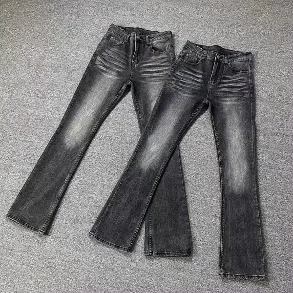 Men's Clothing Deconstructed Black-Grey Washed Straight-Leg Jeans – Vintage-Inspired Clean Fit With Subtle Flare (Men’s High Street Style)