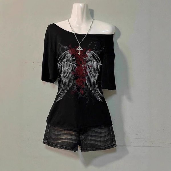 Women's Clothing Dark English Wings Print Short Sleeved Niche Design Street All Match Tops T Shirt-image