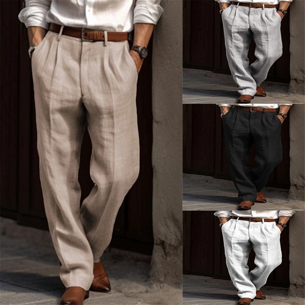 Men's Clothing Men's Linen Trousers Double Pleated Front Pockets Straight Solid Color Comfortable Breathable Casual Daily Resort Cotton Blend Fashion