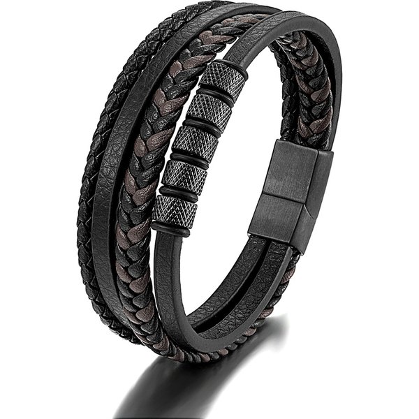 Simple Stainless Steel Leather Rope Bracelet Popular Multi Layer Black Leather Braided Men's Bracelet-image