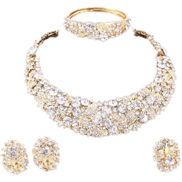 African Beads Gold Plated Shinning Flower Crystal Necklace Earrings Bangle Ring Jewelry Set-image