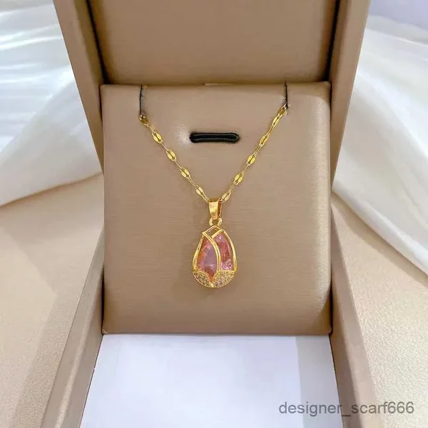 Micro Inlaid Zircon Flower Tulip Pendant Stainless Steel Necklaces For Women Girls Elegant Pink Crystal Fashion Jewelry-image