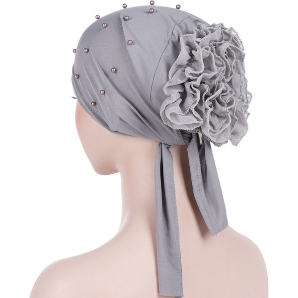 New Back Plate Flower Beading Solid Color Large Flower Headscarf Hat Confinement Hat Muslim Baotou Hat-image