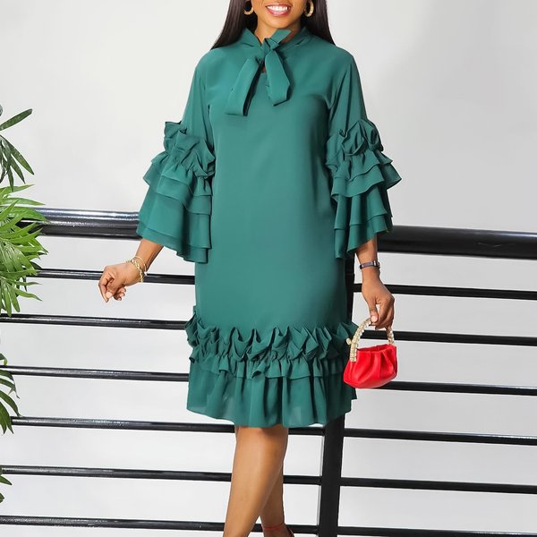Women's Fashion Casual Style Ruffle Bell Sleeve Plus Size Dress