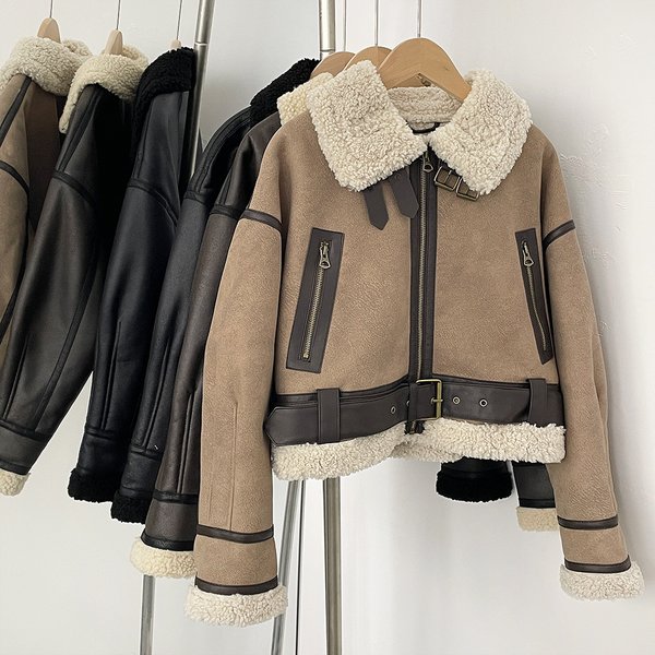 Women's Clothing Vintage Faux Shearling Leather Jacket - Retro Biker Style Short Coat With Plush Fleece Lining, Relaxed Fit, Multiple Pockets-image