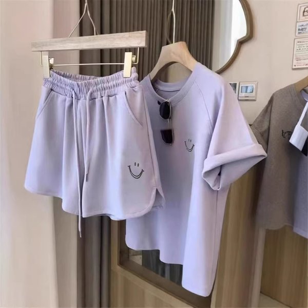Women's Casual Smiley Print Short Sleeve T-Shirt & Shorts Set - Loose Fit Korean Style Summer Outfit-image