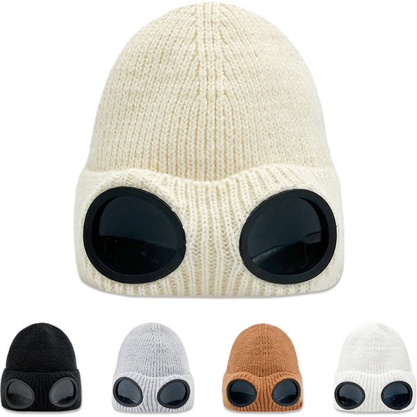 Men's Hats Winter Windproof Goggles Thickened Velvet Ski Hat Men And Women Windproof Cold Sunglasses Knitted Hat Pilot Warm Pullover Hat-image