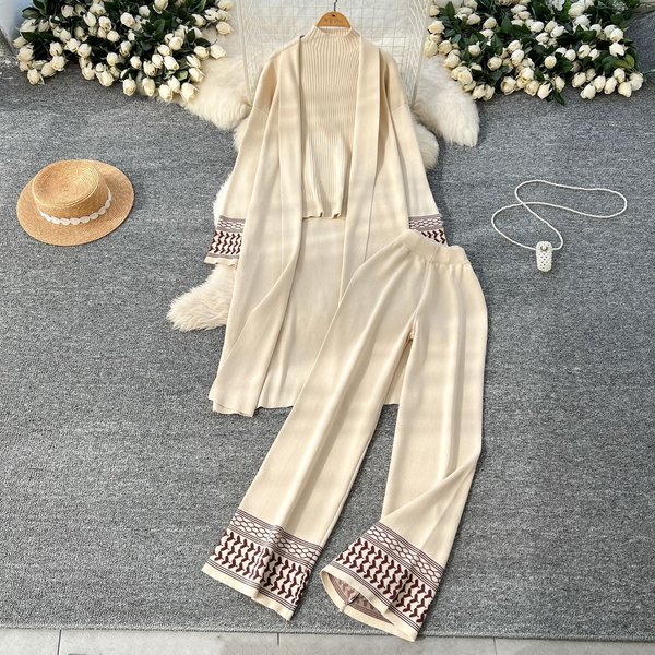 Women's Clothing Jacquard Lounge Set – Oversized Draped Cardigan + Round Neck Knit Top + Flowy Wide-Leg Pants (3-Piece Coordinated Outfit)