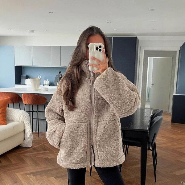 Women's High Neck Coat Solid Color Lazy Style Loose Fit Autumn Winter European American Style Lamb Wool Jacket
