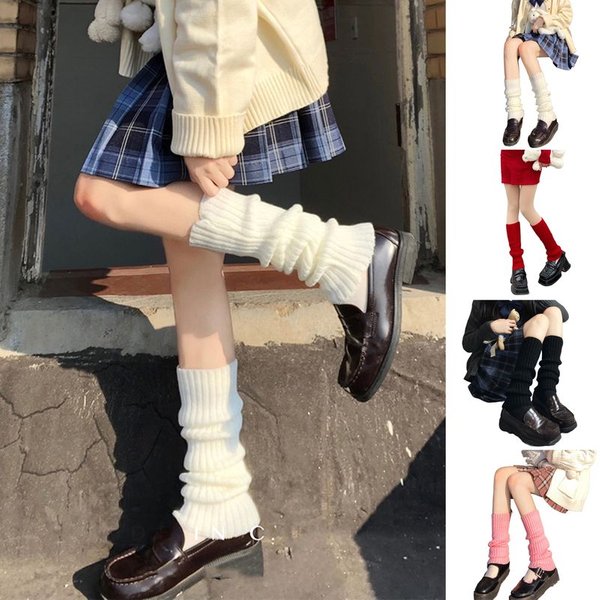 Zhuoxinder 1 Pair Leg Warmers Mid Calf Thickened Knitted Lolita Ribbed Keep Warm Solid Color Autumn Winter Women Boot-image