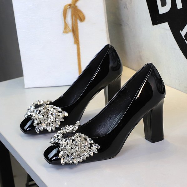 Women's Shoes Chunky Heel High Heels, Versatile Rhinestone Bow Dress/Wedding Dress Shoes, Patent Leather Elegant Square Toe Flats For Women