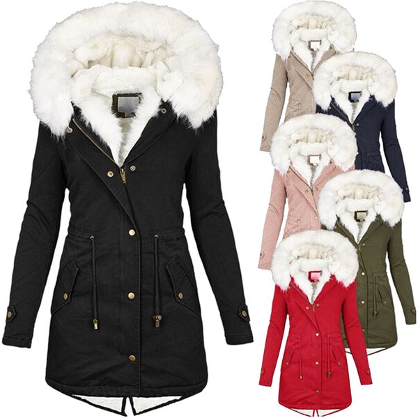 Women's Clothing New Winter Women's Cotton Coat White Fur Collar Mid Length Plus Velvet Cotton Coat Waist Drawstring Warm Coat Female Size-image