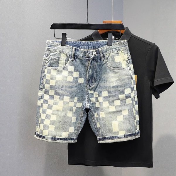 Men's Summer Denim Shorts - Trendy Plaid Patchwork Design, Loose Straight Fit, Casual 5-Inch Shorts For Streetwear & Daily Wear (Sizes 28-36)-image