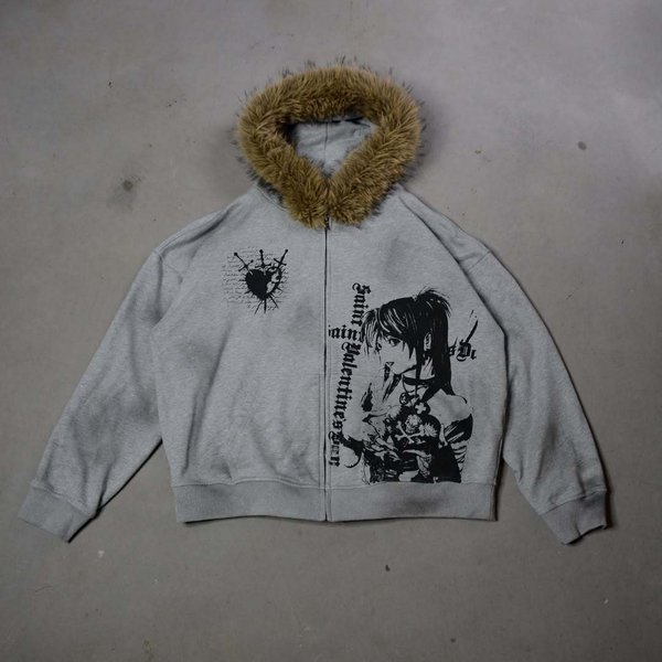 Unisex Hooded Sweatshirt European American Style High Street Letter Print with Fur Collar Cross Border Fashion Men's Clothing