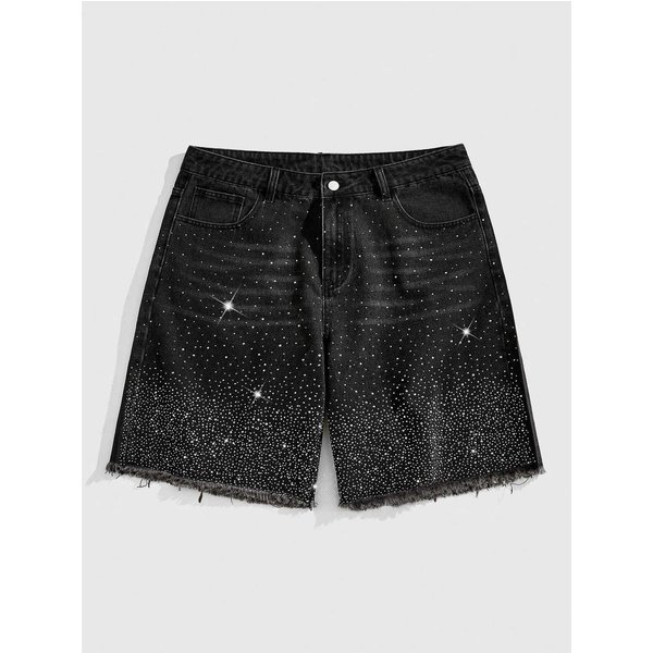 Men's European Fit Denim Shorts - Distressed Hem With Rhinestone Detail Summer Casual Cargo Shorts