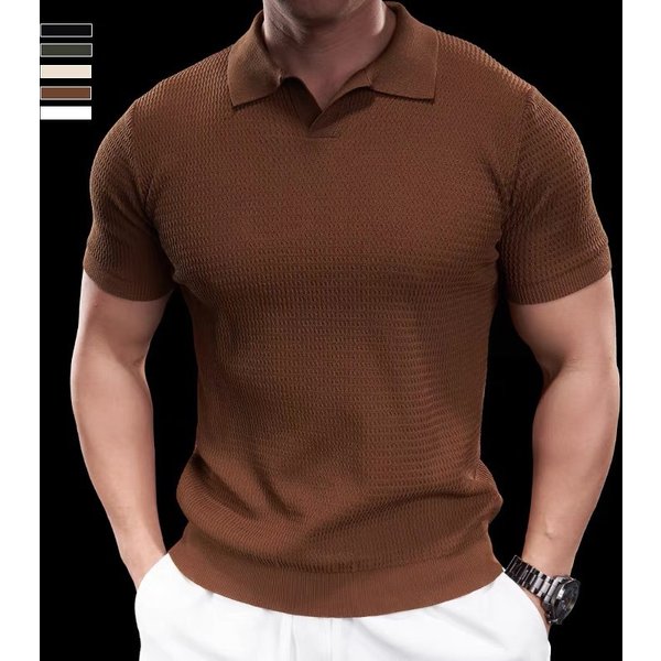 Men's Short Sleeve Knit Polo Shirt - Breathable Textured Cotton Blend Slim Fit Casual Top For Summer