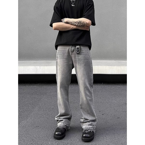 Men's Clothing High Street Washed Gray Straight Tube Slightly Flared Cleanfit Pants Trendy-image