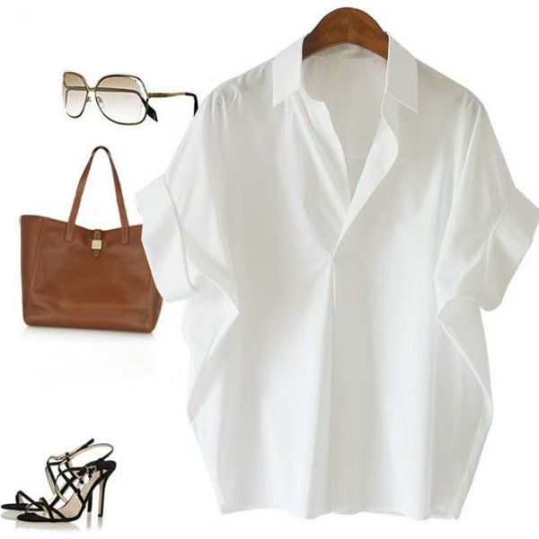 Women's Retro Hong Kong Style Short Sleeve Shirt Loose Batwing Sleeve Collar Top Summer Fashion White All Match