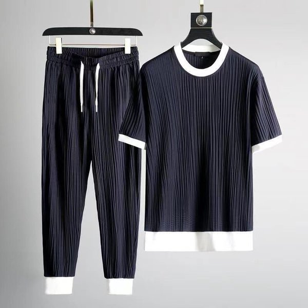 Men's Clothing Summer Thin Ice Silk Sports Men's Color Matching Pleated Large Size T Shirt Nine Point Pants Casual Two Piece Set Foreign Trade