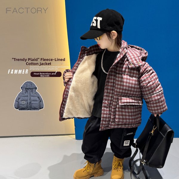 Boys' Winter Cotton Padded Jacket 2026 New Style Fashionable Fleece Lined Thickened Plaid Warm Coat for Baby Boys