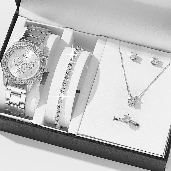 Hot sale 5pcs/set steel belt women's watch three-eye ladies casual quartz watch + jewelry gift box
