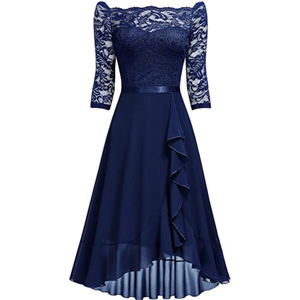 Women's new mid-length skirt one-shoulder mid-sleeve sexy lace chiffon dress