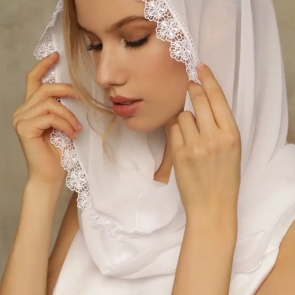 Muslim Wedding Veil Bridal Veil Retro Solid Color Lace Church Veil Muslim Headscarf Communion Shawl-image