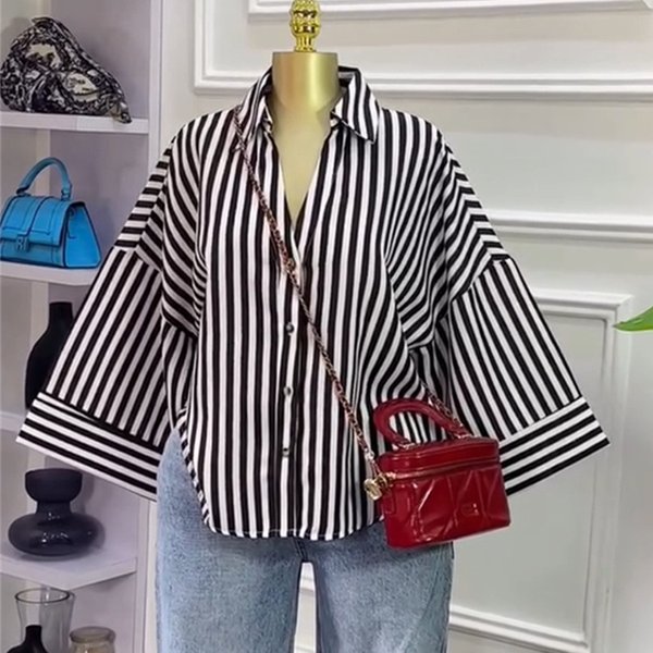 Women's Loose Fit Striped Collar Shirt Top - Sweet & Fashionable Casual Blouse For Autumn-image