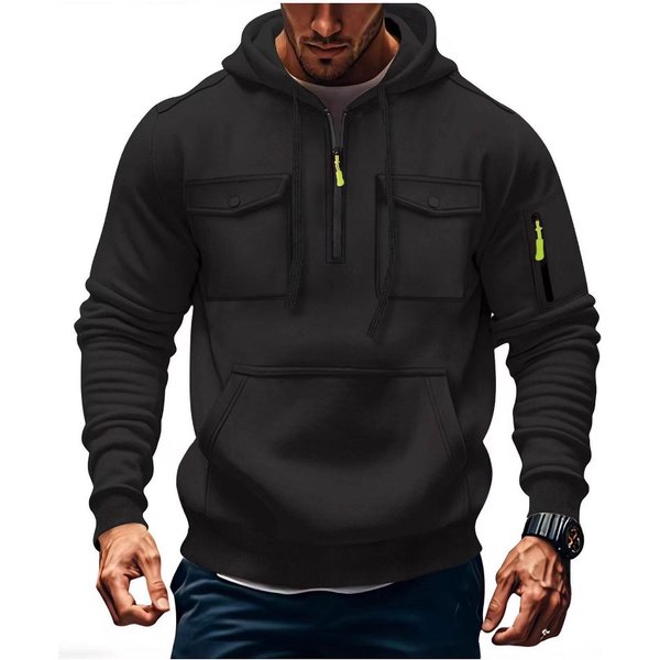 Autumn And Winter Men's Sweatshirt Multi Pocket Hooded Long Sleeved Plus Velvet Jacket Tops Casual Sports
