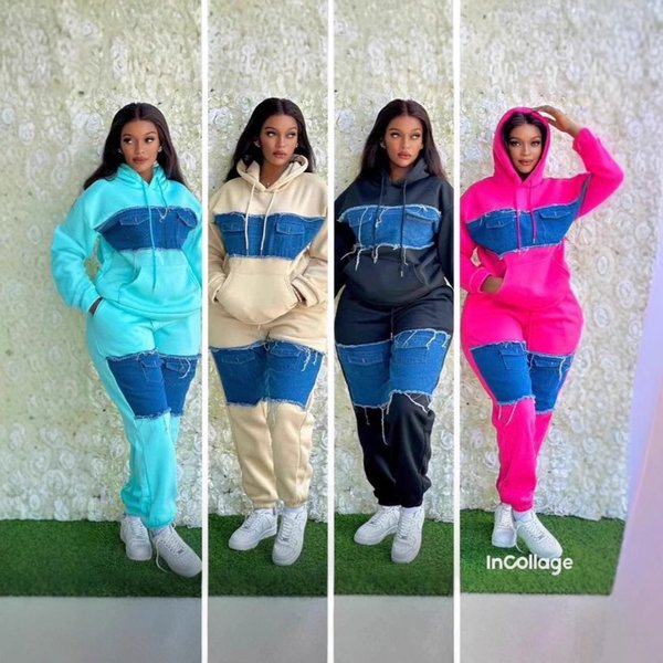 Women’s Clothing Irregular Contrast Color Stitching Denim Sweatshirt For Women Trendy Hooded Casual