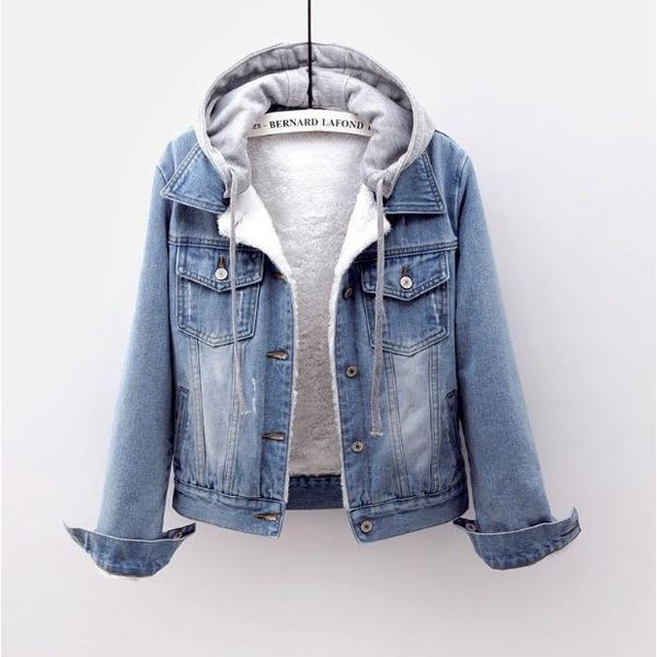 Women's Clothing Winter Denim Jacket Women Korean Style Plus Velvet Thickened Cotton Coat Removable Hooded Warm Lambswool Cotton Coa