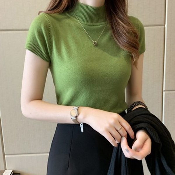 Women's Clothing Semi-Turtleneck Knit Tee – Slim Fit Short Sleeve Top For Women (One Size)