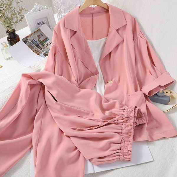 Women's Suits Fashion Spring And Summer Loose Suit Collar Three-Quarter Sleeves Jacket Nine-Point Wide-Leg Pants Suspenders Three-Piece Suit-image