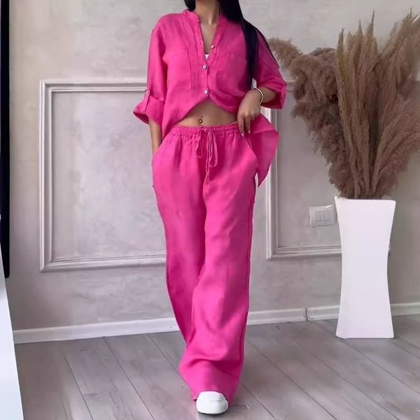 plus Size Loose Fitting Casual Shirt Southeast Cotton And Linen Fashionable Solid Color Sportswear Set For Women