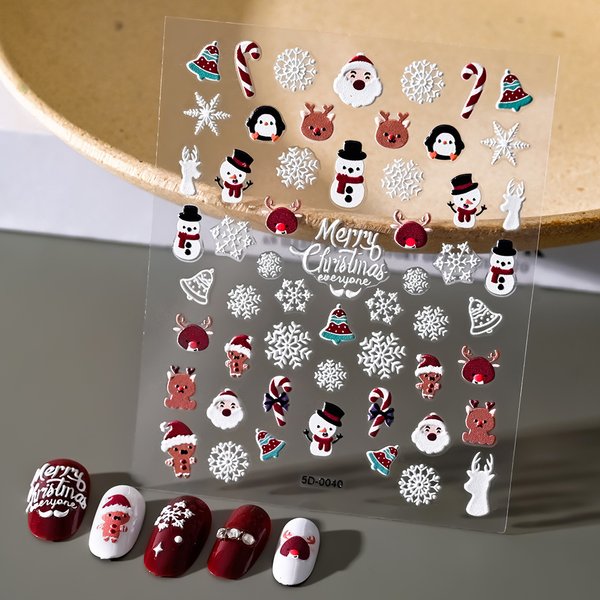 Christmas Embossed Nail Decals - 5D Naked Sheet | 3D Santa Snowman Snowflake Cartoon Relief Stickers-image