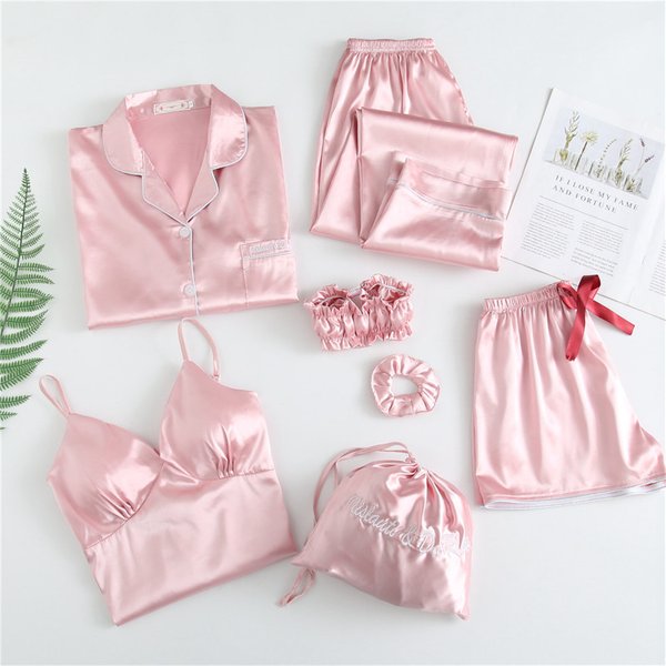 Women's Sleepwears Spring And Autumn Summer Solid Color Simulation Ice Silk Seven Piece Suit Pajamas Ladies Casual Sweet Sling Chest Pad Home Clothes-image
