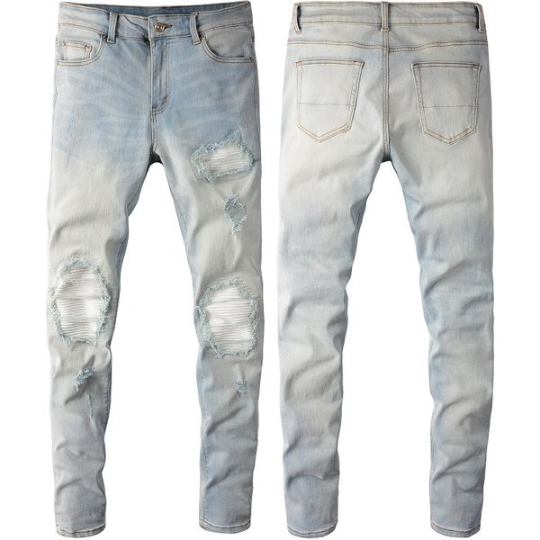 Men's Clothing Washed Cat Whisker Wrinkled Holes White Patchwork Elastic Slim Fit Skinny Jeans
