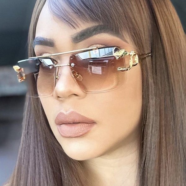 Leopard frameless cut edge 2024 new double beam square fashionable and trendy sunglasses for women